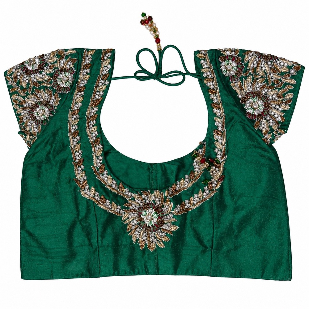 Emerald Green Zardosi Embroidered Silk Saree Blouse Pearl Crystal Beaded Top